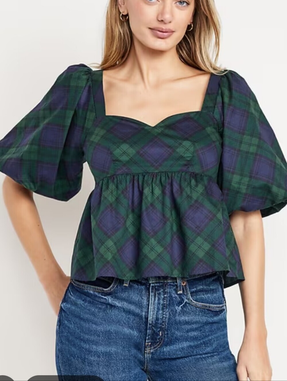 Old Navy Green & Navy Plaid Puff-Sleeve Peplum Top